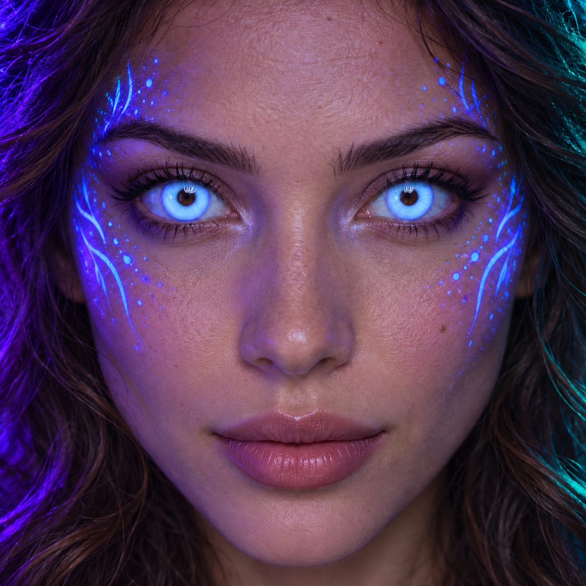 Lentillas de fantasía Glow UV puestas en los dos ojos (simulación)