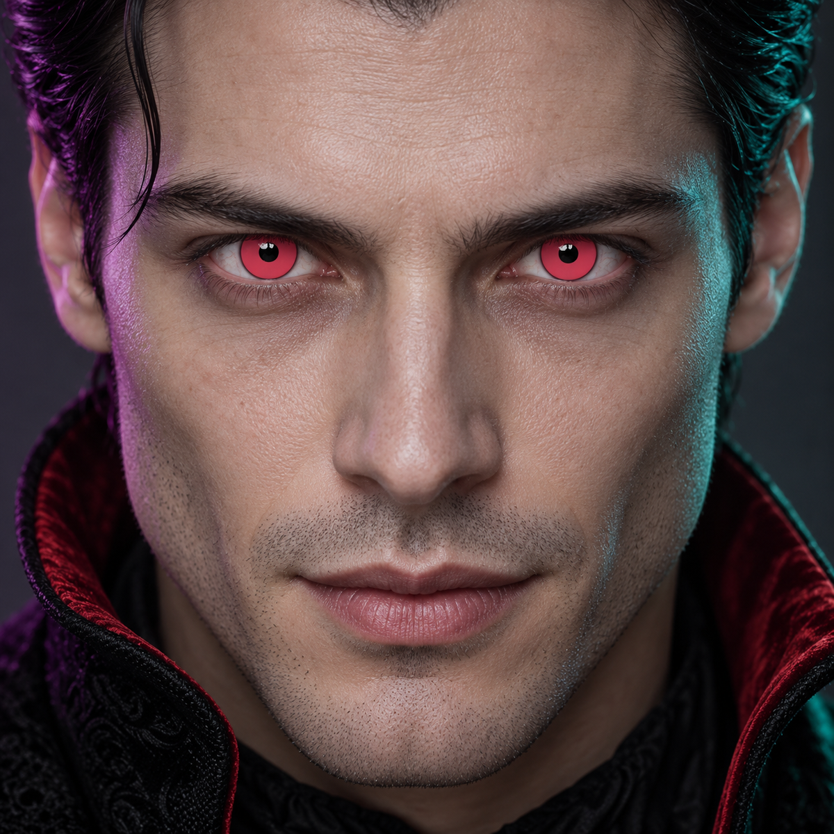 Lentillas de fantasía Red Vampire puestas en los dos ojos (simulación)