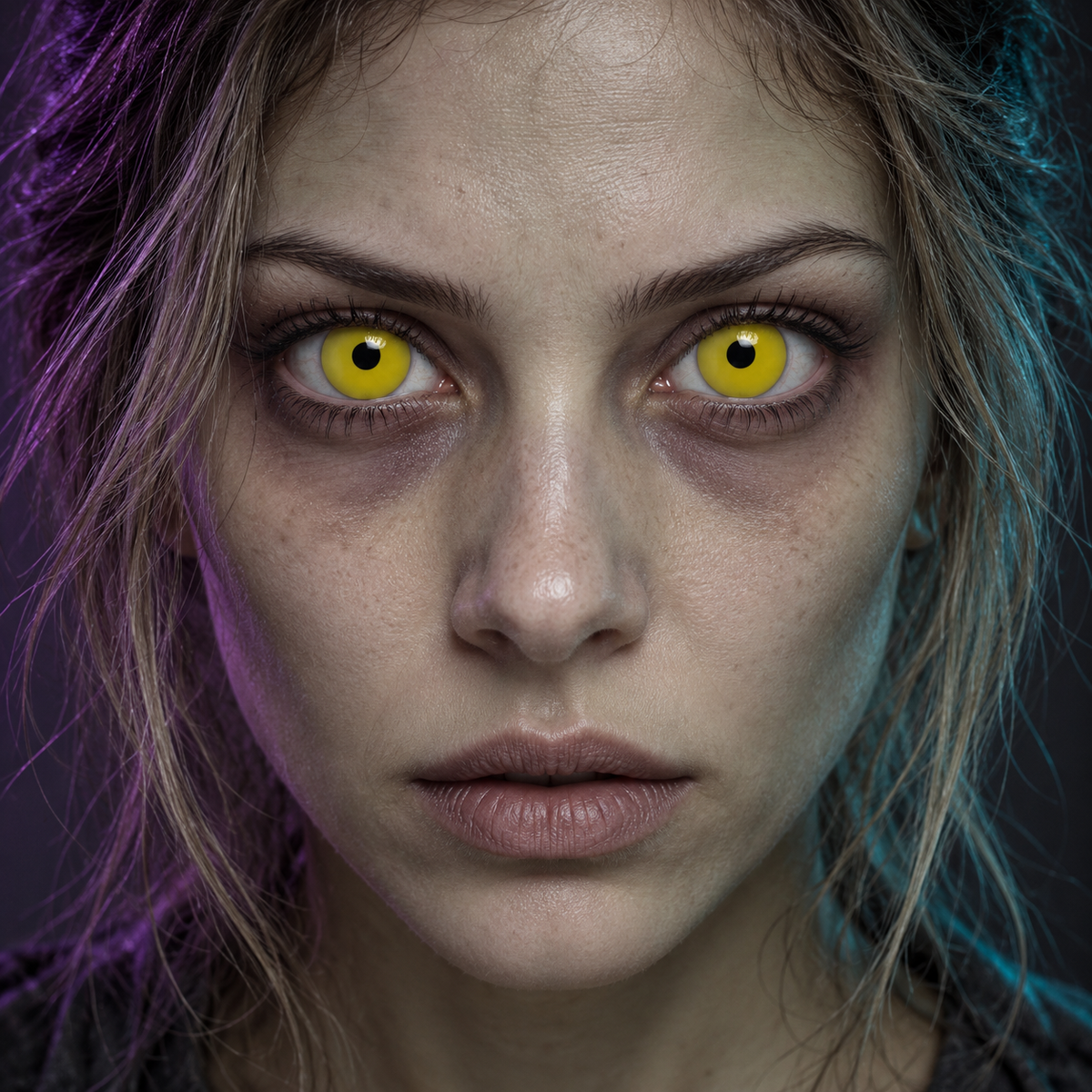 Lentillas de fantasía Yellow puestas en los dos ojos (simulación)