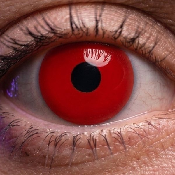 Lentilla de fantasía Red Out puesta en el ojo (simulación) · LUPER