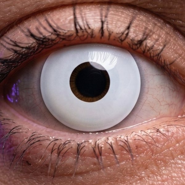 Lentilla de fantasía White Out puesta en el ojo (simulación) · LUPER