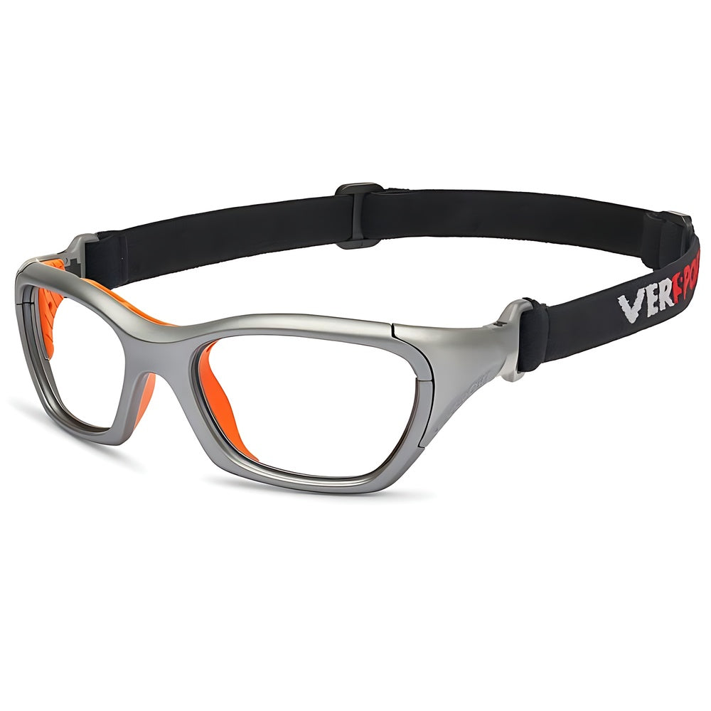 Vista lateral con cordón gafa graduada deporitva marca Versport modelo Hercules color naranja