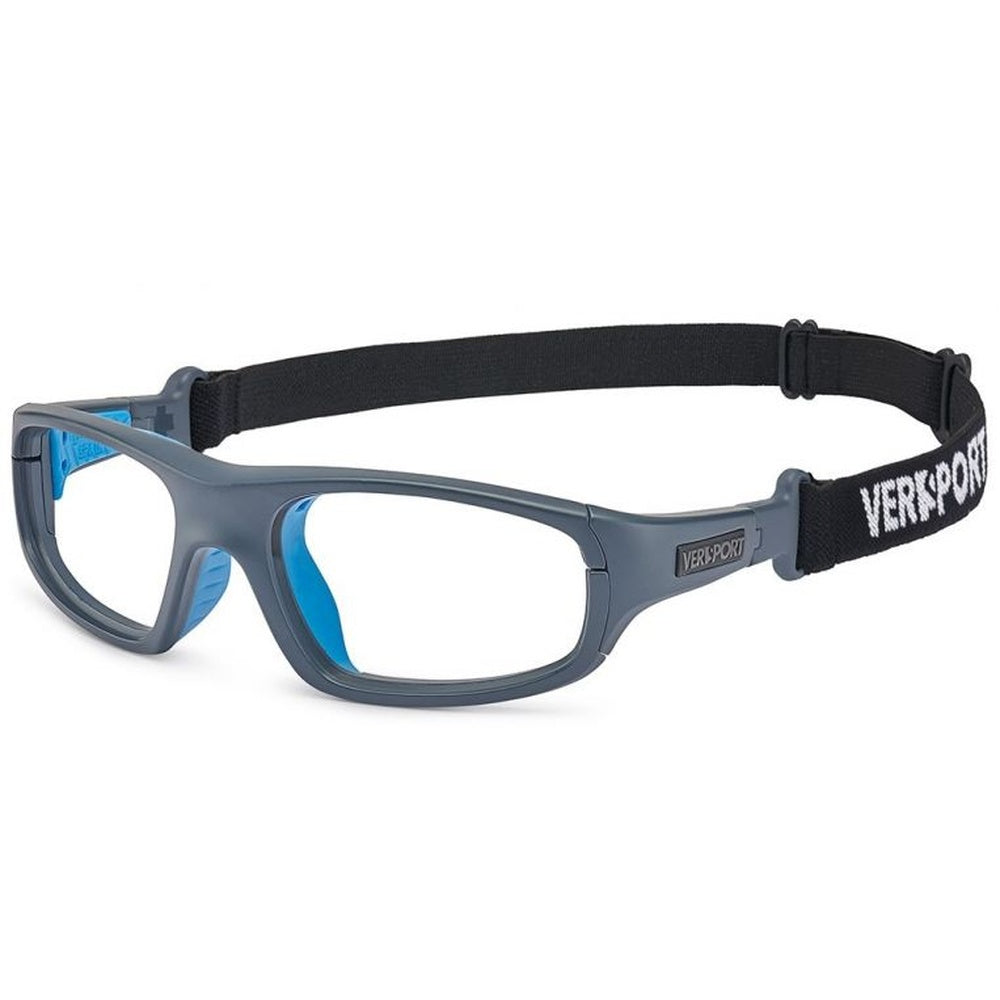 Vista lateral con cordon gafa graduada deportiva marca Versport modelo Zeus color azul gris