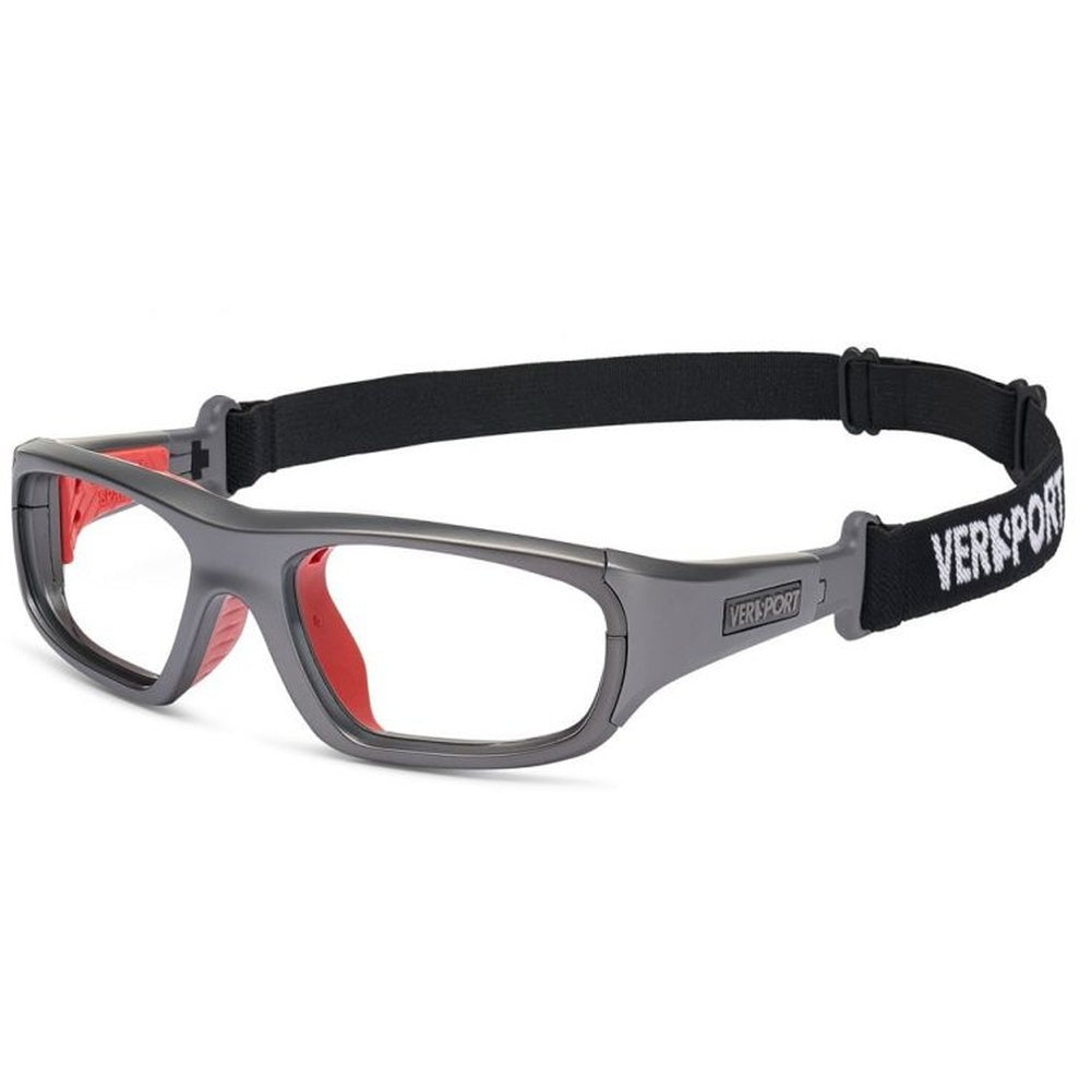 Vista lateral gafa graduada deportiva con cordon  marca Versport modelo Zeus color rojo gris