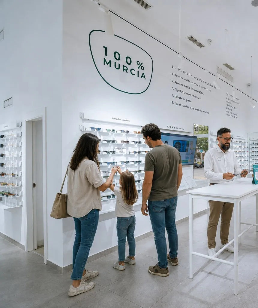 Familia con su hija eligiendo gafas en LUPER Murcia