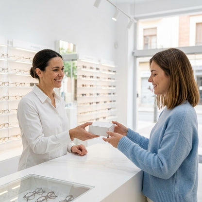 Una óptica de LUPER entrega sus lentillas a una clienta en la óptica