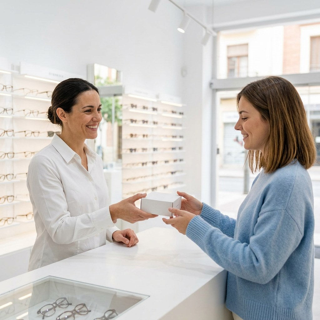 Una óptica de LUPER entrega sus lentillas a una clienta en la óptica