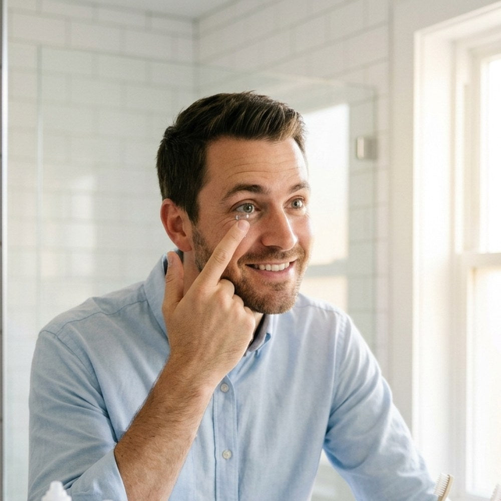 Un cliente se pone una lentilla de contacto frente al espejo
