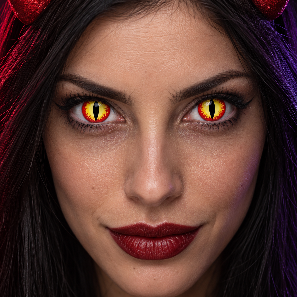 Lentillas de fantasía Devil puestas en los dos ojos (simulación)