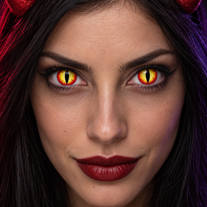Lentillas de fantasía Devil puestas en los dos ojos (simulación)