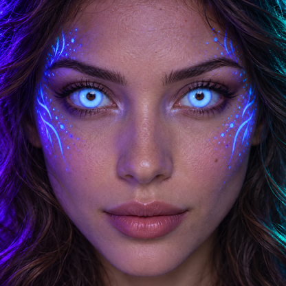 Lentillas de fantasía Glow UV puestas en los dos ojos (simulación)