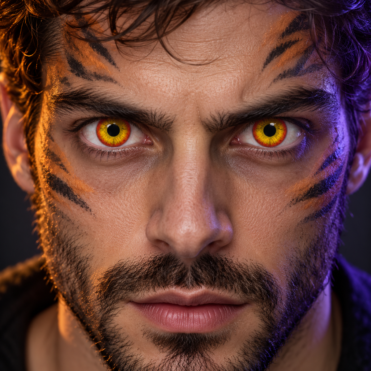 Lentillas de fantasía K-Tiger puestas en los dos ojos (simulación)