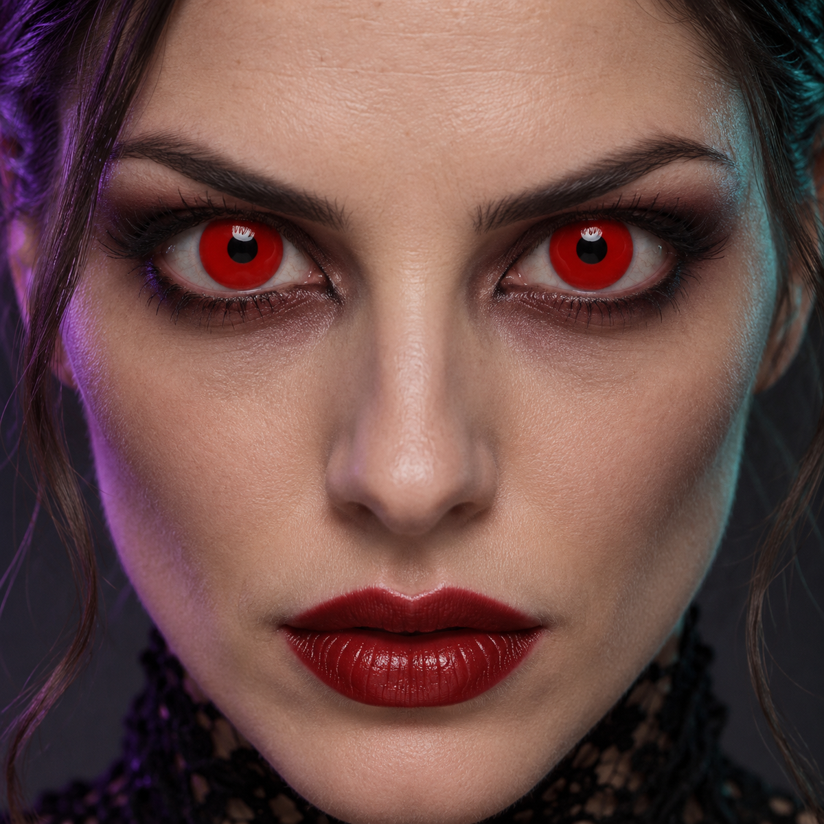 Lentillas de fantasía Red Out puestas en los dos ojos (simulación)