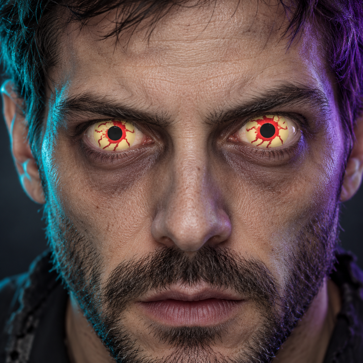 Lentillas de fantasía Virus puestas en los dos ojos (simulación)