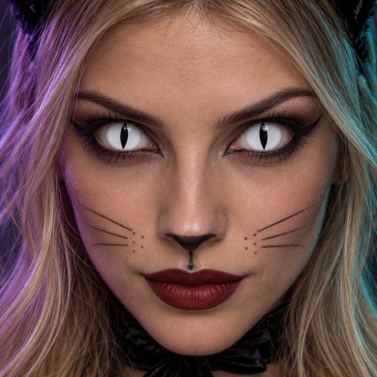 Lentillas de fantasía White Cat puestas en los dos ojos (simulación)