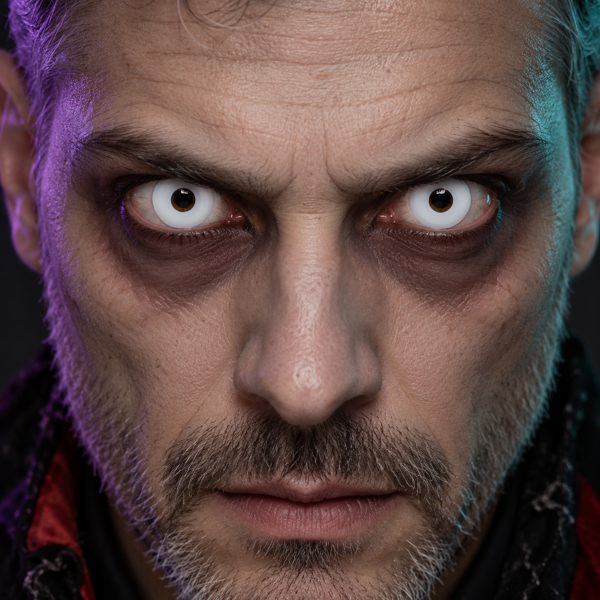 Lentillas de fantasía White Out puestas en los dos ojos (simulación)