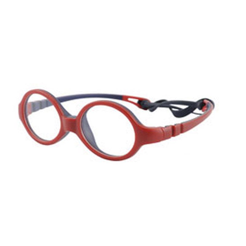 Montura infantil, flexible, con una cuerda trasera para poder llevar una buena sujeción de la gafa. Forma redonda con una gama de colores roja y azul