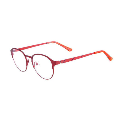 Montura de gafa INFANTIL metalizada en tonos rojos y naranjas, lente redonda. Con adornos en la patilla. Montura + lentes monofocales por 39€ y la segunda unidad siempre al 50%