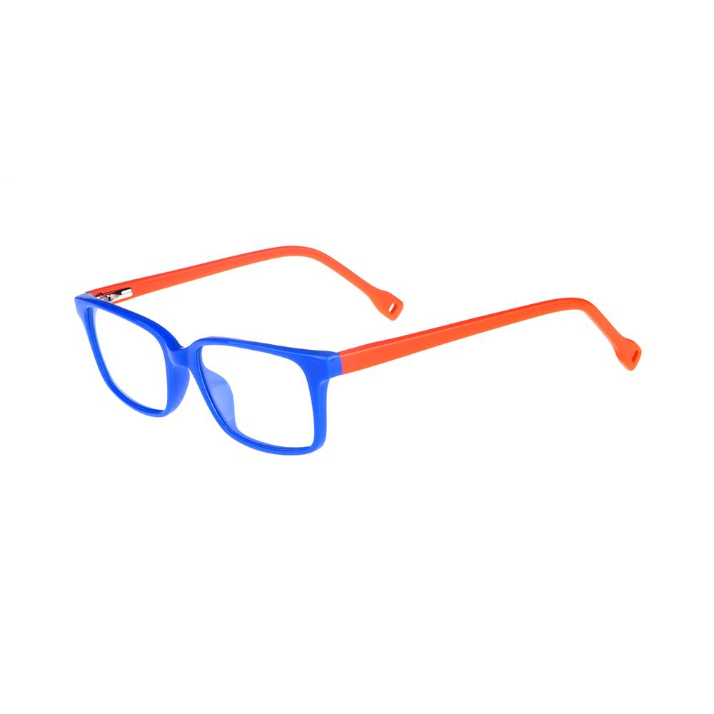 Gafas de ver con montura de pasta en color azul y patillas de color naranja.