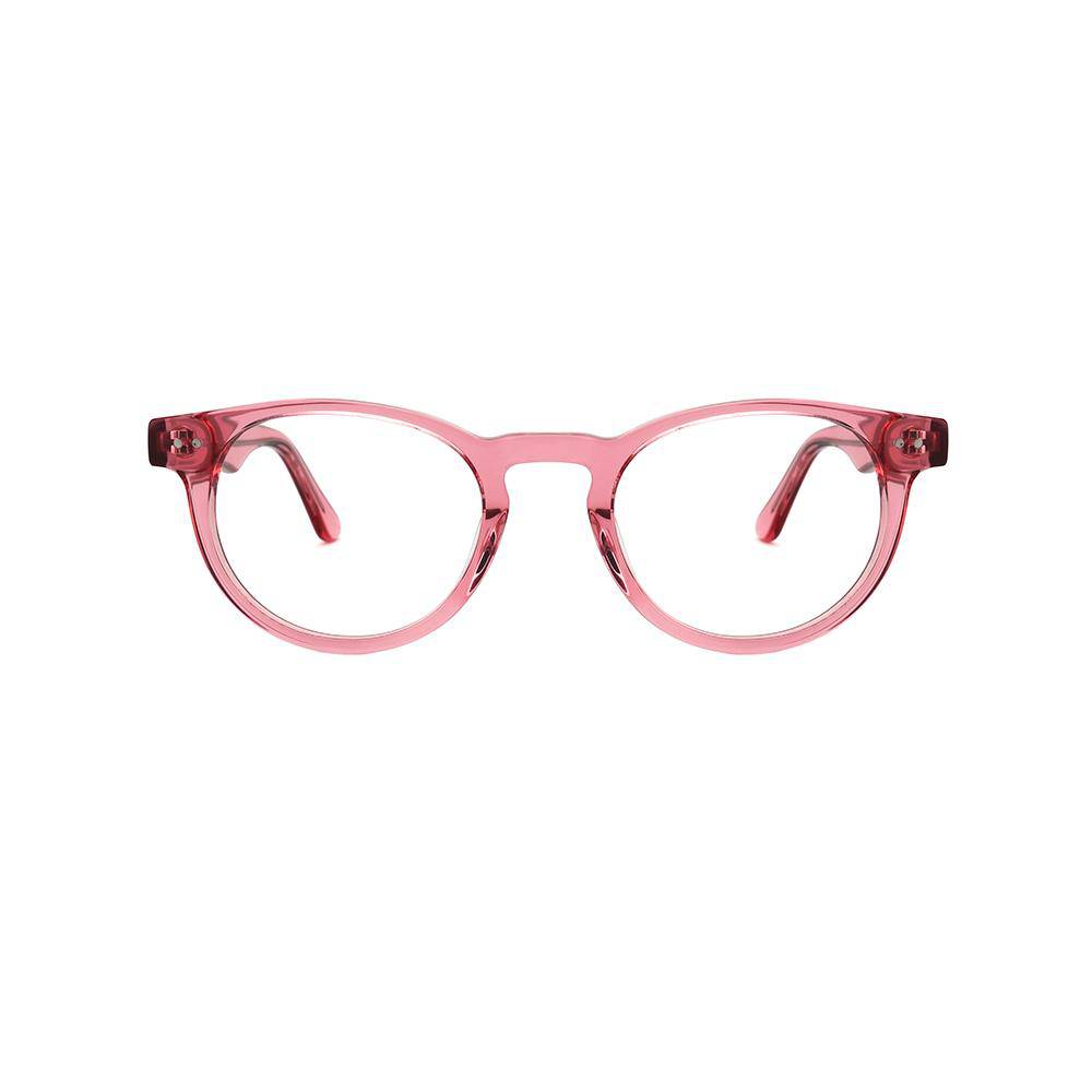 Gafas de vista en acetato color rosa transparente. Diseño redondeado. Gafas graduadas con lente y montura incluida desde 59€ en óptica LUPER Murcia