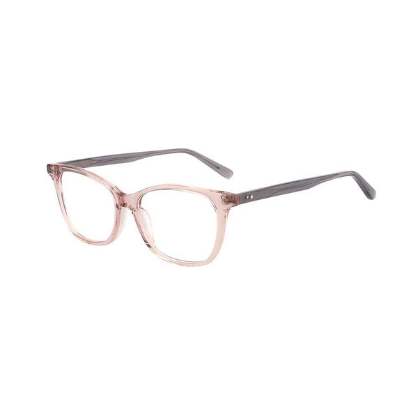 Montura de acetato, transpatente en tonos rosa claro y gris. Forma cuadrada